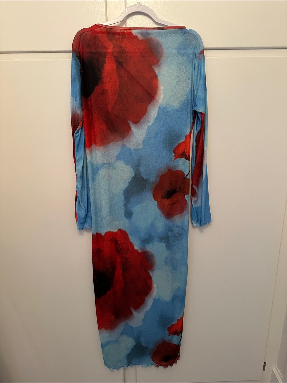 NWT Boohoo Blue Floral Long Sleeve Maxi Dress with Red Poppies